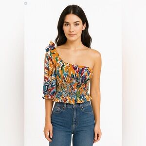 Boho Colorful One Shoulder Ruffle Sleeve Smocked Crop Top